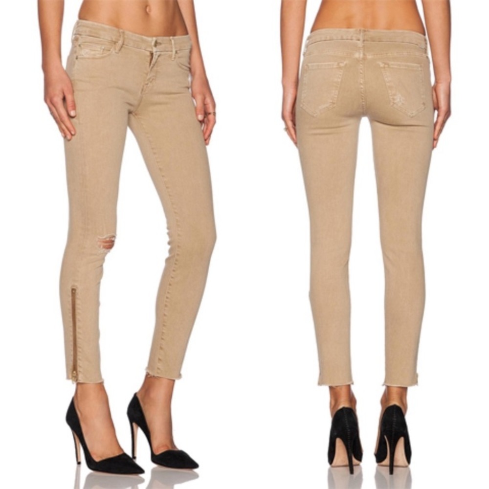 Mother The Looker Tan Zip Fray Skinny Jeans